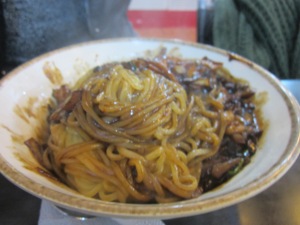 Black bean noodles. Not served in America as far as I can tell.